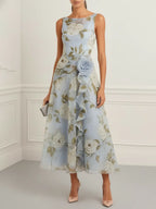 Light Blue 3D Floral Chiffon Boat Neck Sleeveless A-Line Midi Dress