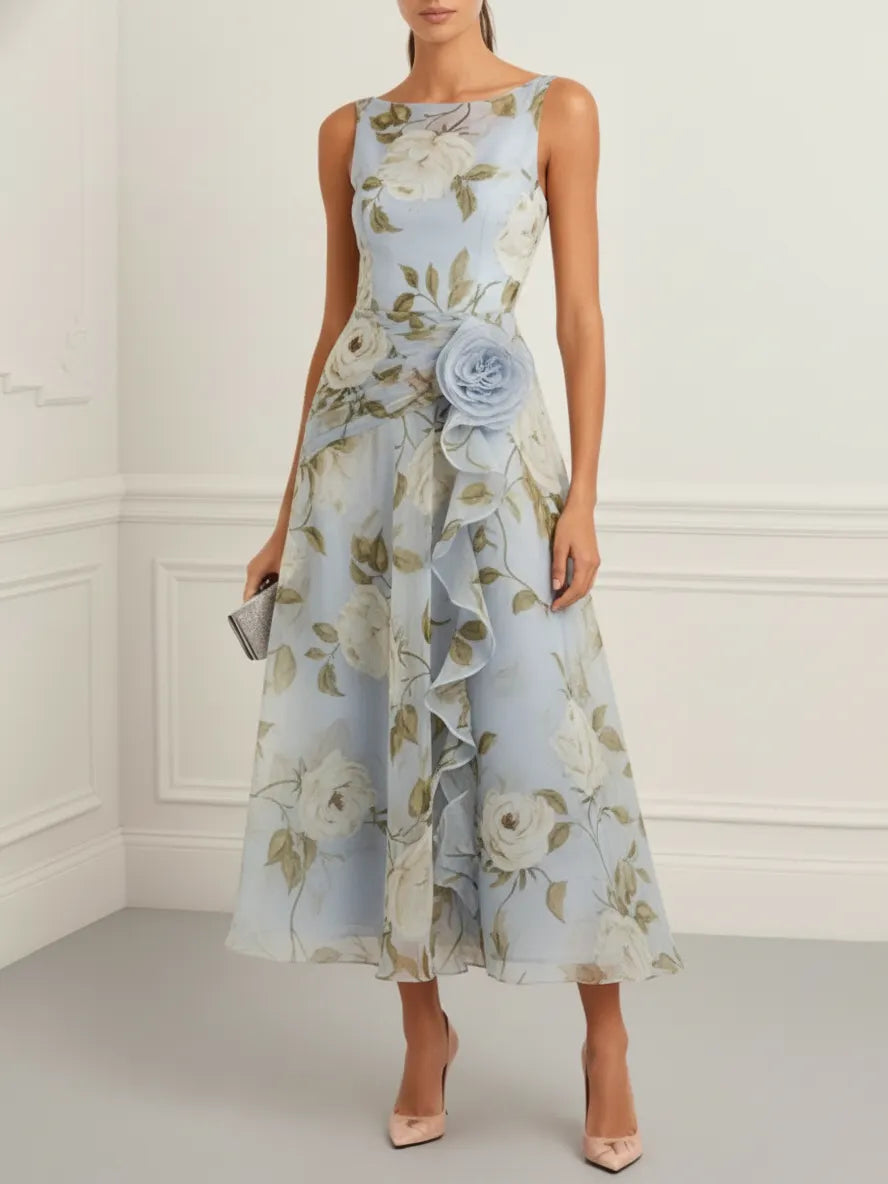 Light Blue 3D Floral Chiffon Boat Neck Sleeveless A-Line Midi Dress