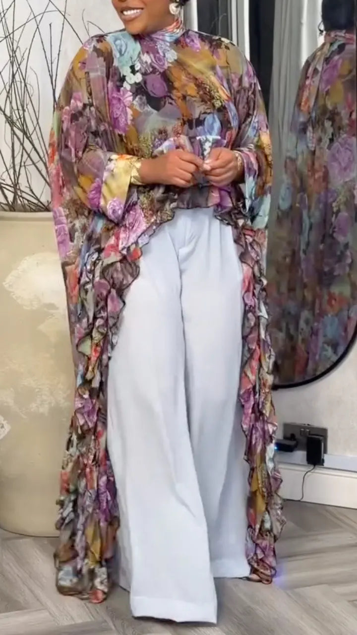 Ruffled Chiffon Printed Cape Top