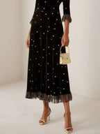 Black Beaded Ruffled Mock Neck Three Quarter Sleeve A-Line Maxi Velvet Dress