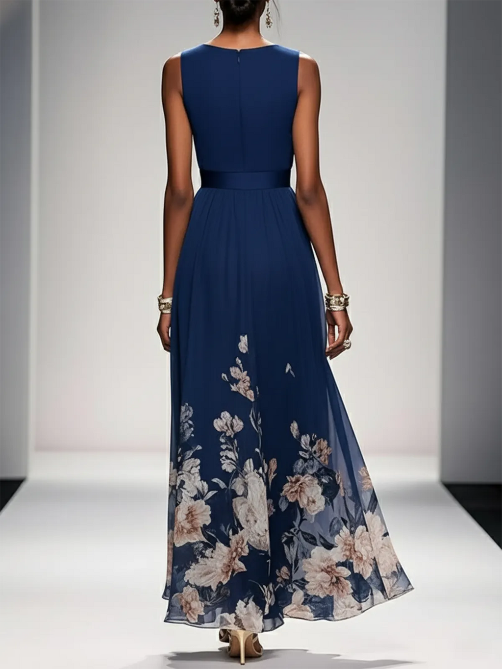 Navy Blue Floral Mesh V Neck Sleeveless A-Line Maxi Dress