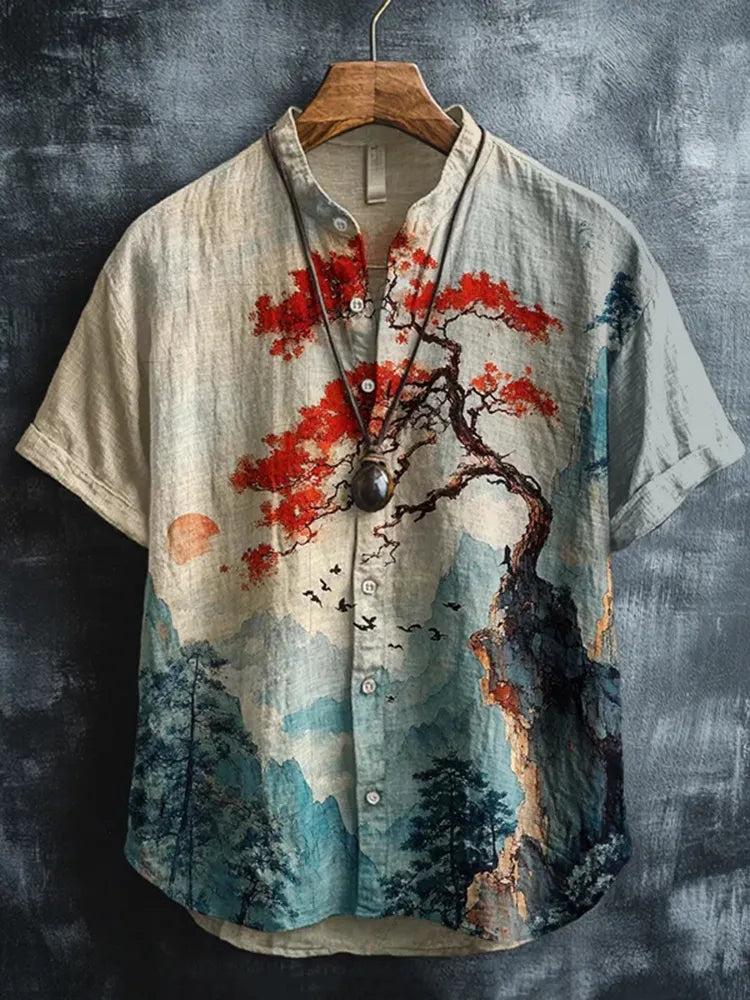 Men's Japanese Flower Art Print Short Sleeve Shirt