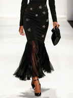 Black Pleated 3D Floral Classic Boat Neck Long Sleeve Mermaid Maxi Dress
