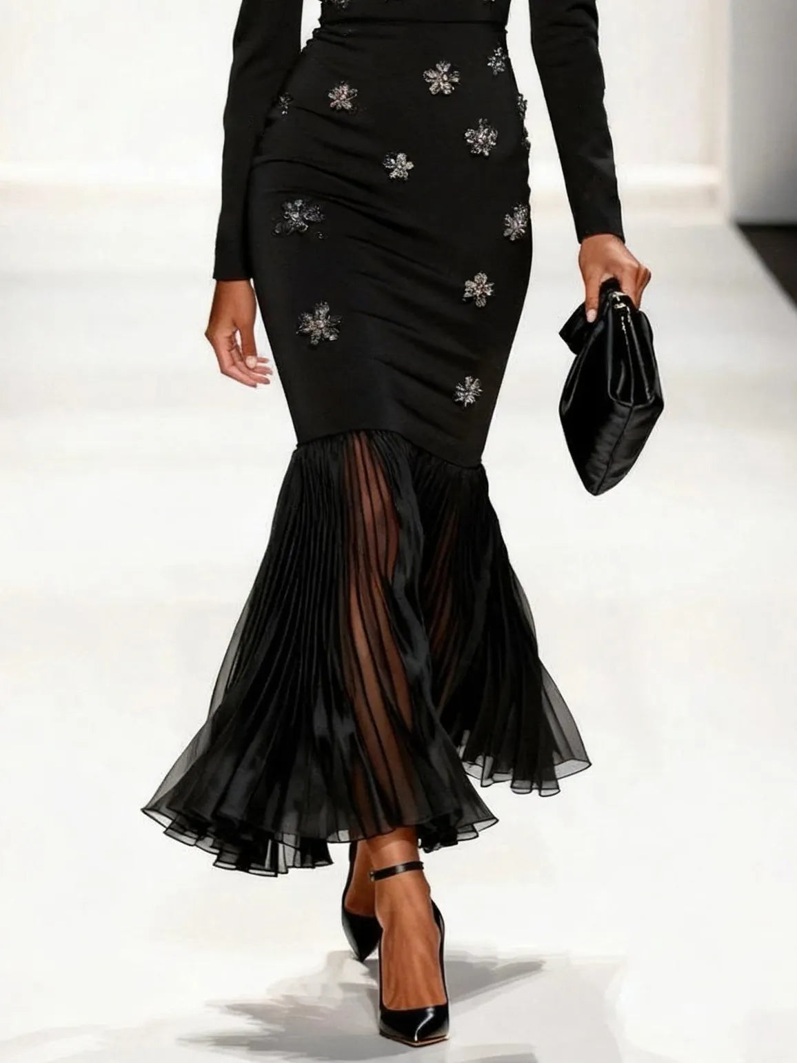 Black Pleated 3D Floral Classic Boat Neck Long Sleeve Mermaid Maxi Dress