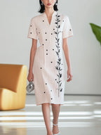 Pink Polka Dot Linen Dress with Bamboo Embroidery