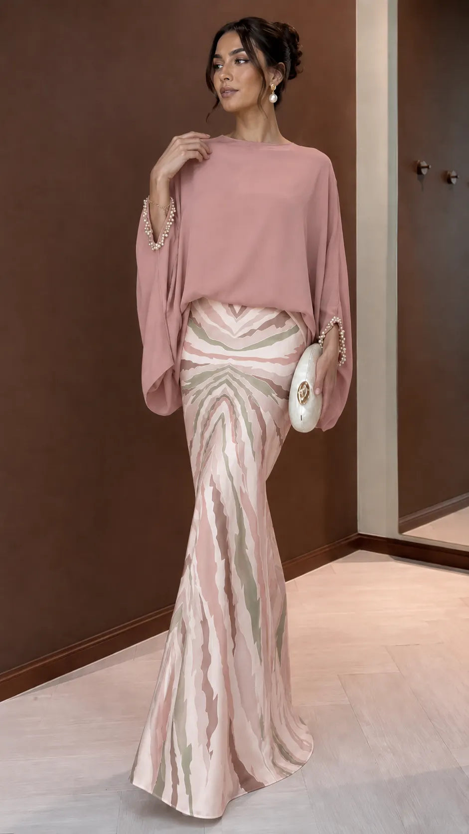 Mustard Batwing Blouse & Printed Satin Mermaid Maxi Skirt Set