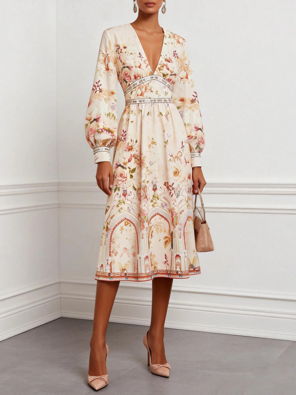 Apricot Floral Ruched Classic V Neck Long Sleeve Puff Sleeve A-Line Midi Dress