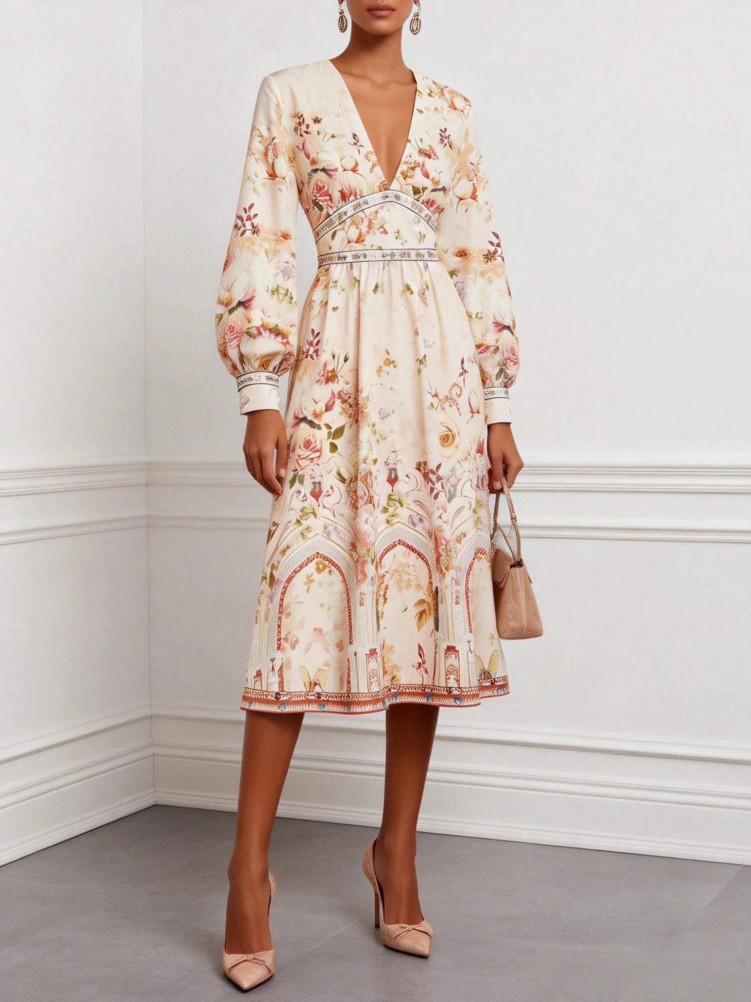 Apricot Floral Ruched Classic V Neck Long Sleeve Puff Sleeve A-Line Midi Dress
