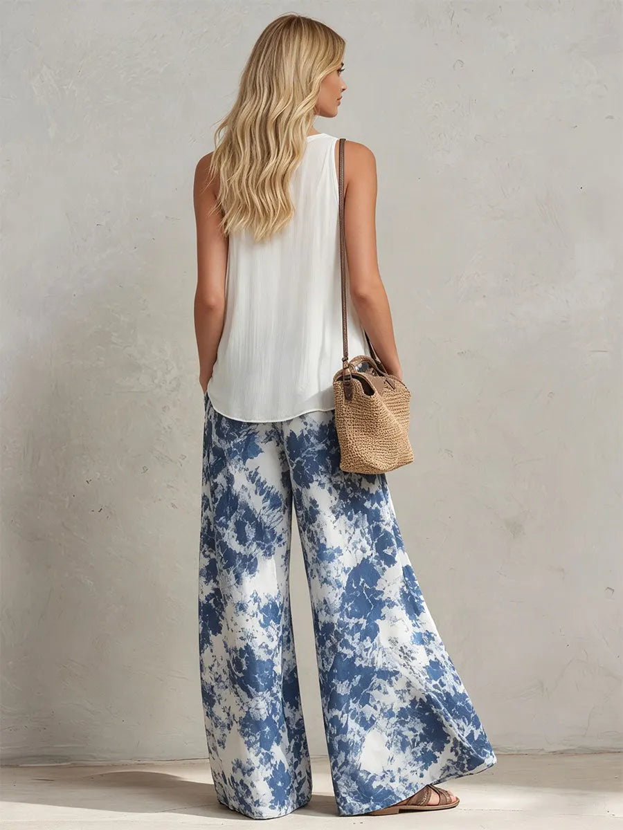 Casual Retro White Chiffon Top And Blue Floral Chiffon Wide-leg Pants Set