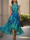 Stylish Tie-Dye Chiffon Midi Dress in Blue and Green