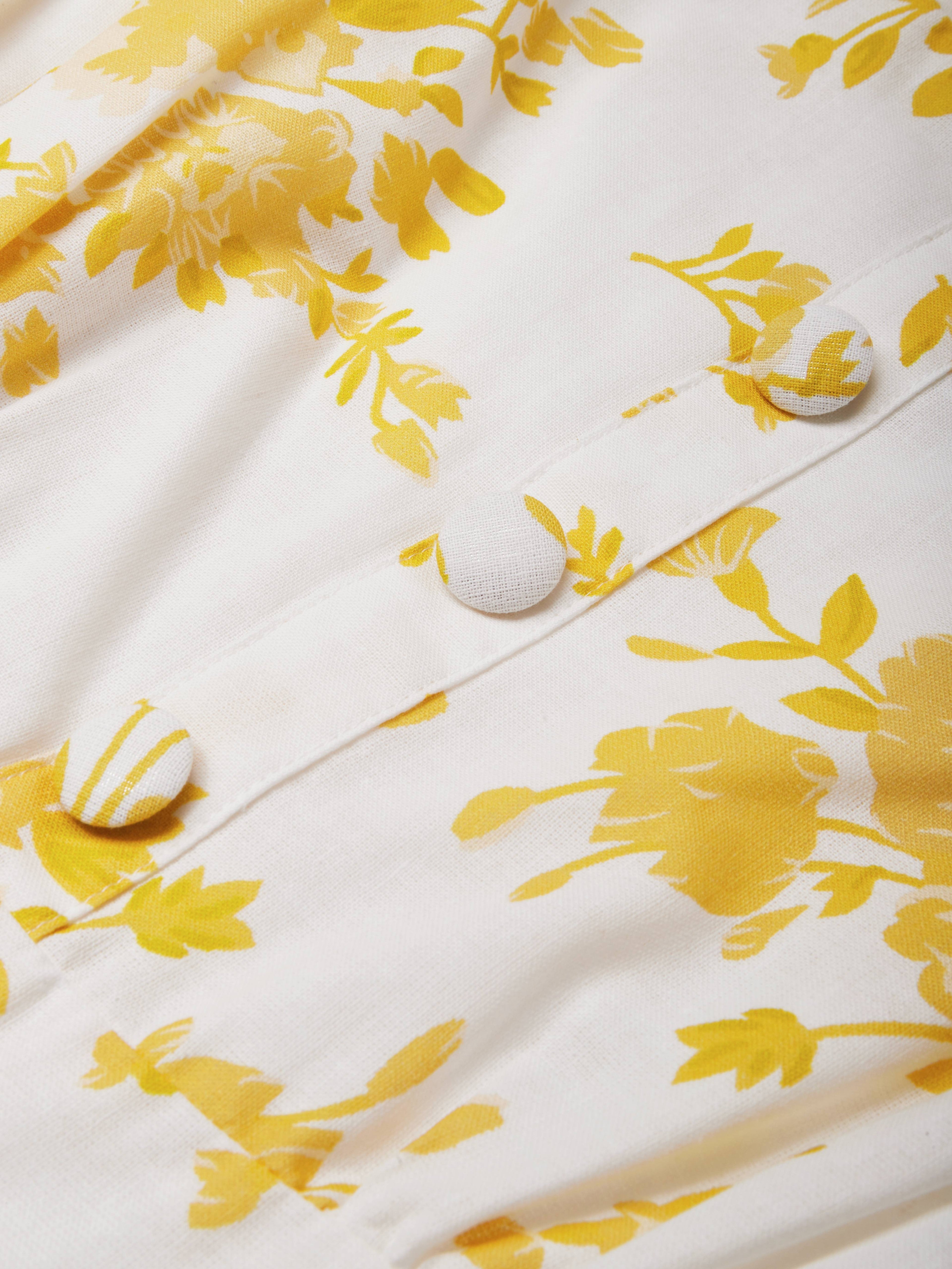 Linen Maxi Dress, Bell Sleeve, Boat Neck, Floral, Vintage, Yellow