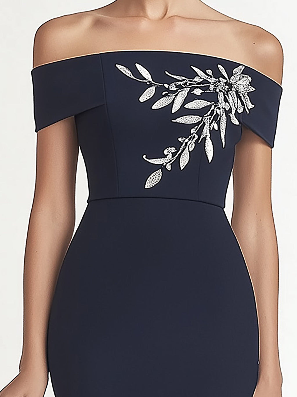 Navy Blue Off-the-Shoulder Print Dress