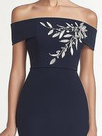 Navy Blue Off-the-Shoulder Print Dress
