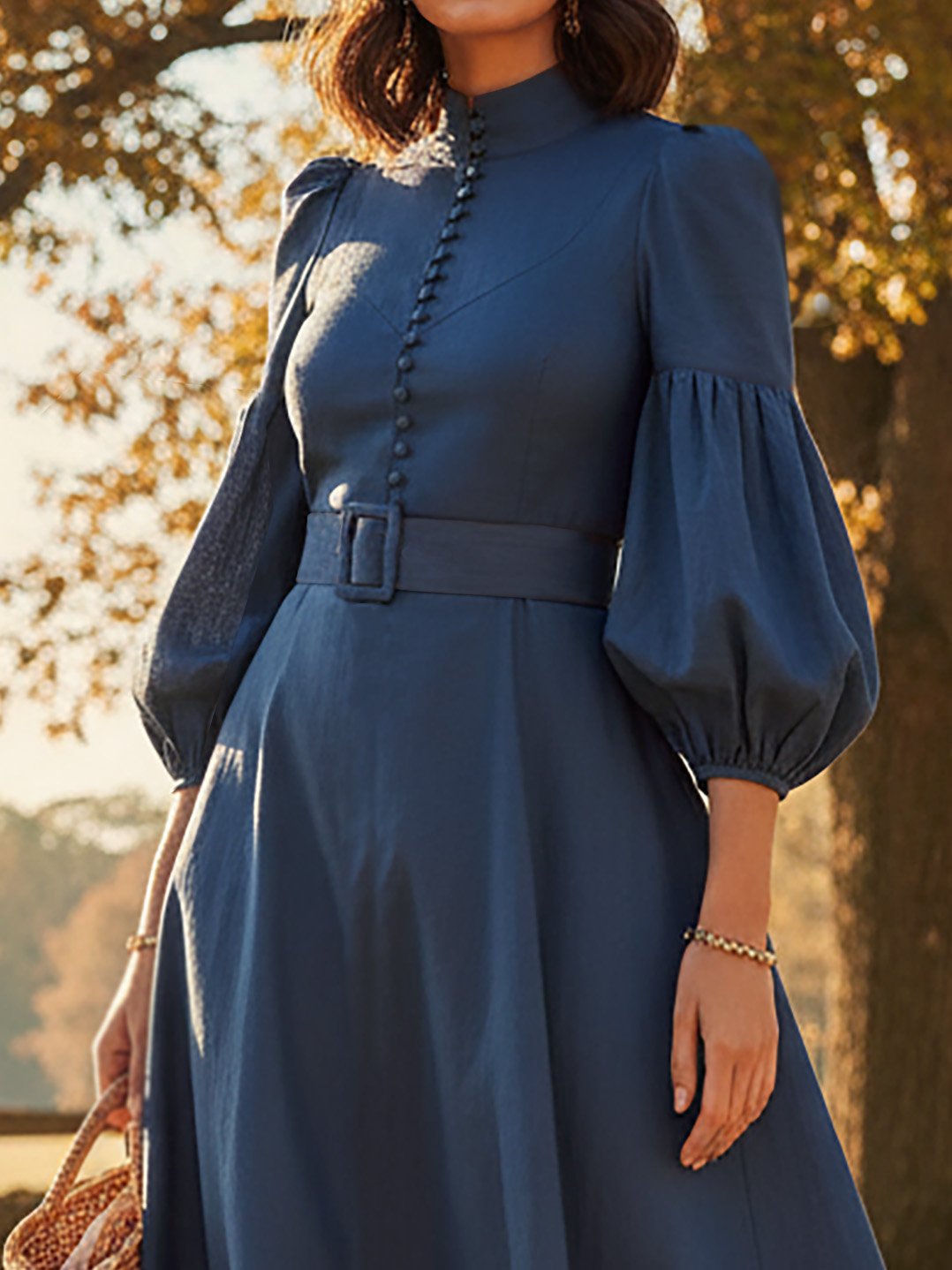 Maxi Cotton Dress, Half Sleeve, Stand Collar, Plain, Belt Design, Vintage, Deep Blue