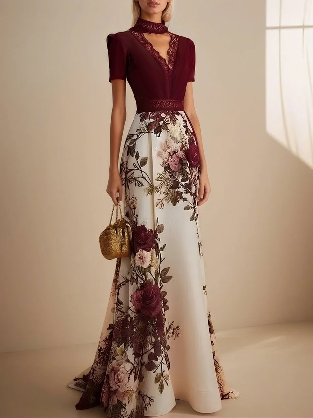 Wine Red Lace Floral Satin V Neck Short Sleeve A-Line Maxi Dress