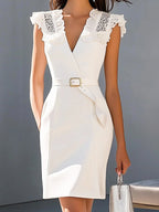 Chic White Lace Shoulder Dress with Belt