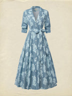 Midi Linen Dress , Half Sleeve, Shawl Collar, Floral, Button Design, Vintage, Blue