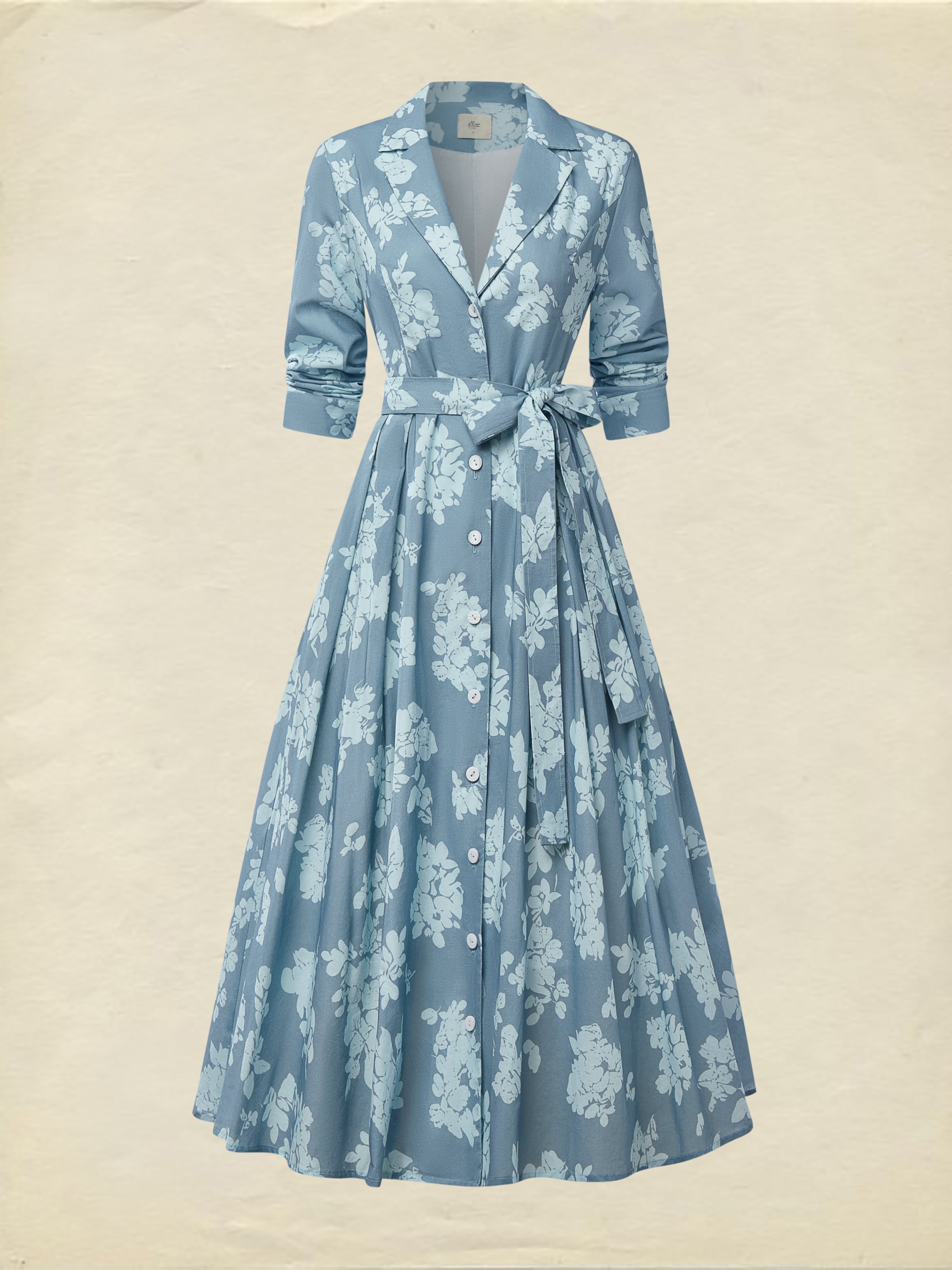 Midi Linen Dress , Half Sleeve, Shawl Collar, Floral, Button Design, Vintage, Blue