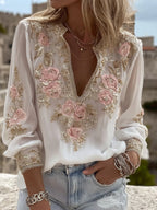 Women's Pink Floral Embroidery Art V-neck Long Sleeve Blouse