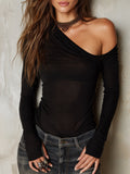 Retro Single-shoulder Knitted Long-sleeved T-shirt