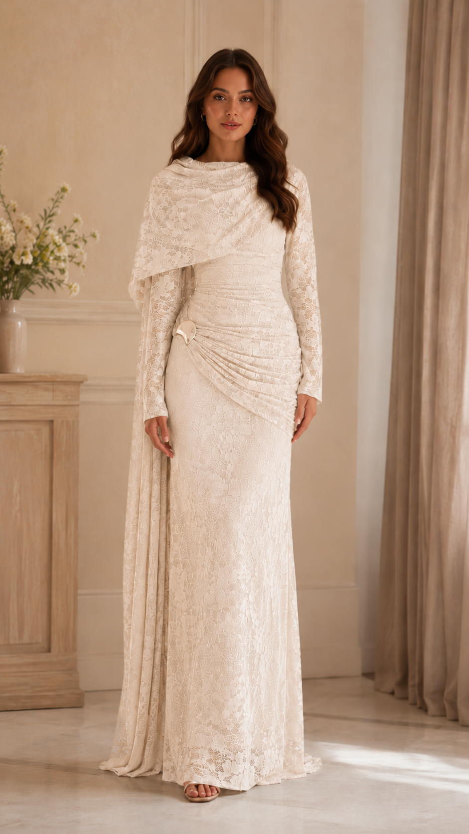 Beaded Lace Draped Cape Mermaid Gown