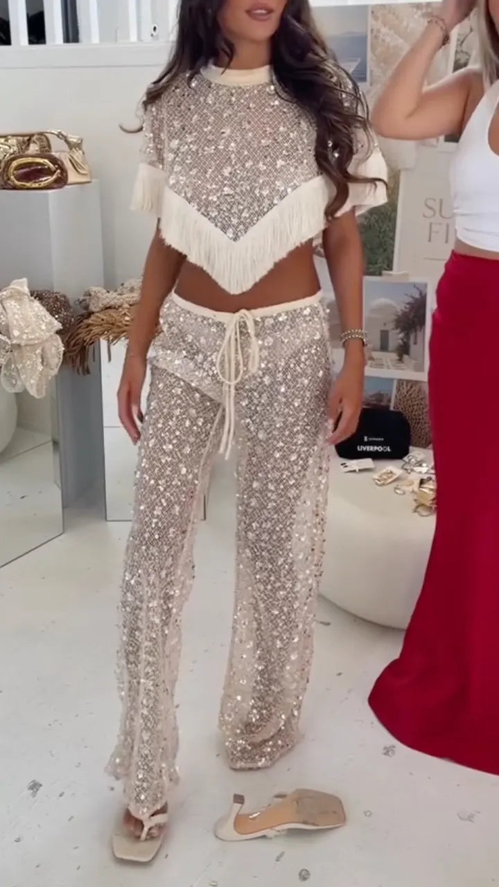Sequin Fringe Mesh Two‑Piece Set