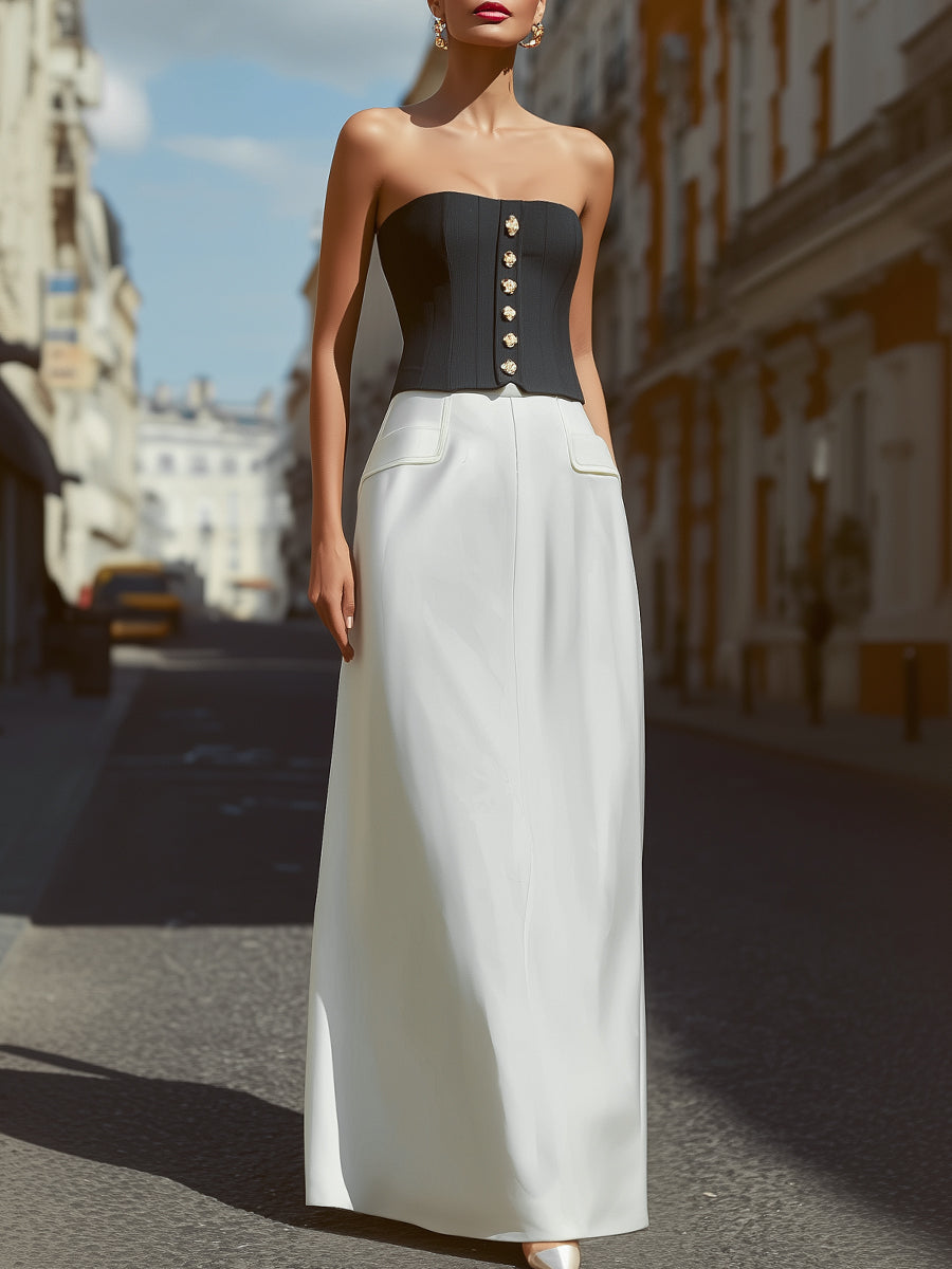 Strapless Buttoned Corset Top And High-Waisted Maxi Skirt Set