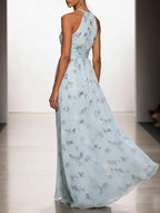Light Blue Stamped Bronzing Jacquard Floral Chiffon Halter Sleeveless A-Line Maxi Dress