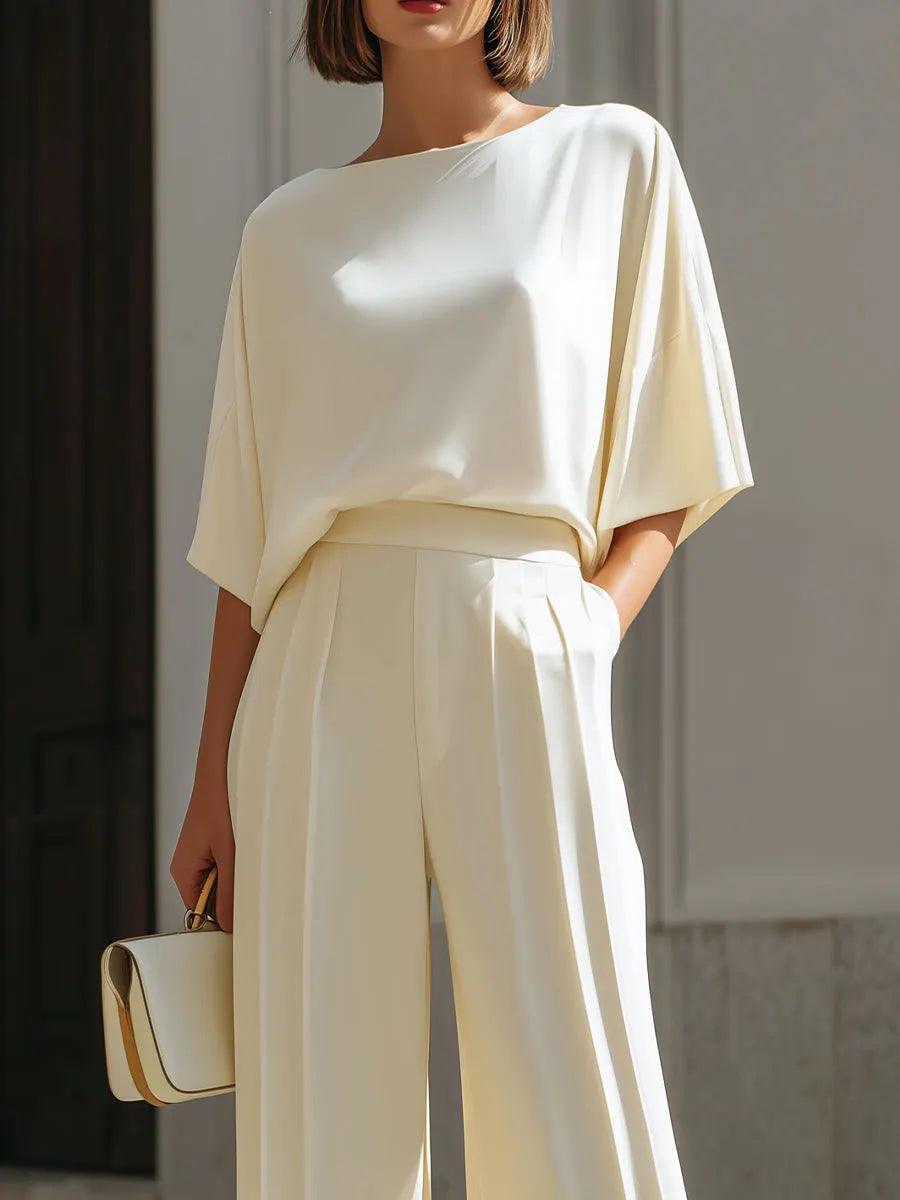 Boat Neck Dolman Sleeve Top & High Waist Pleated Wide Leg Pants Two Piece Set