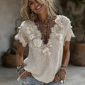 Women's Vintage Boho Roses Embroidered Comfy Linen T Shirt