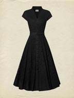Midi Linen Dress, Sleeveless, V Neck, Lace, Button Design, French Vintage, Black