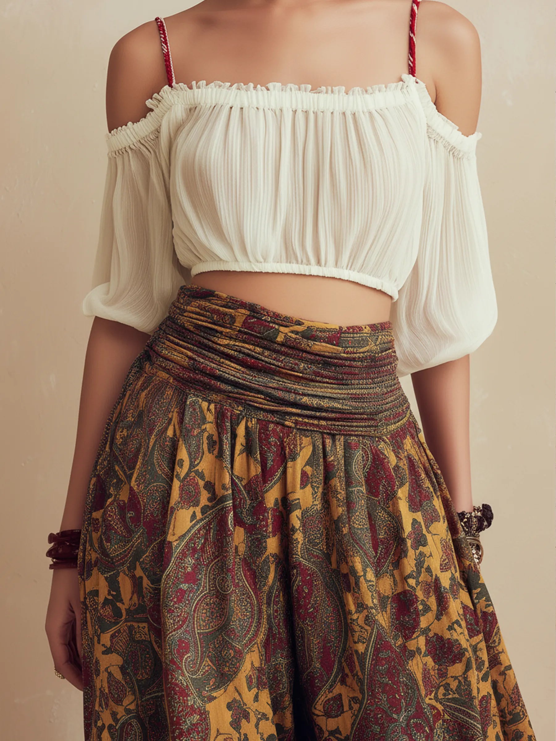 Bohemian Off-Shoulder Two-Piece Set - Flowy Printed Palazzo Pants & Crop Top
