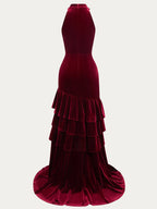 Burgundy Ruched Peplum Velvet Halter Sleeveless A-Line Gown Dress