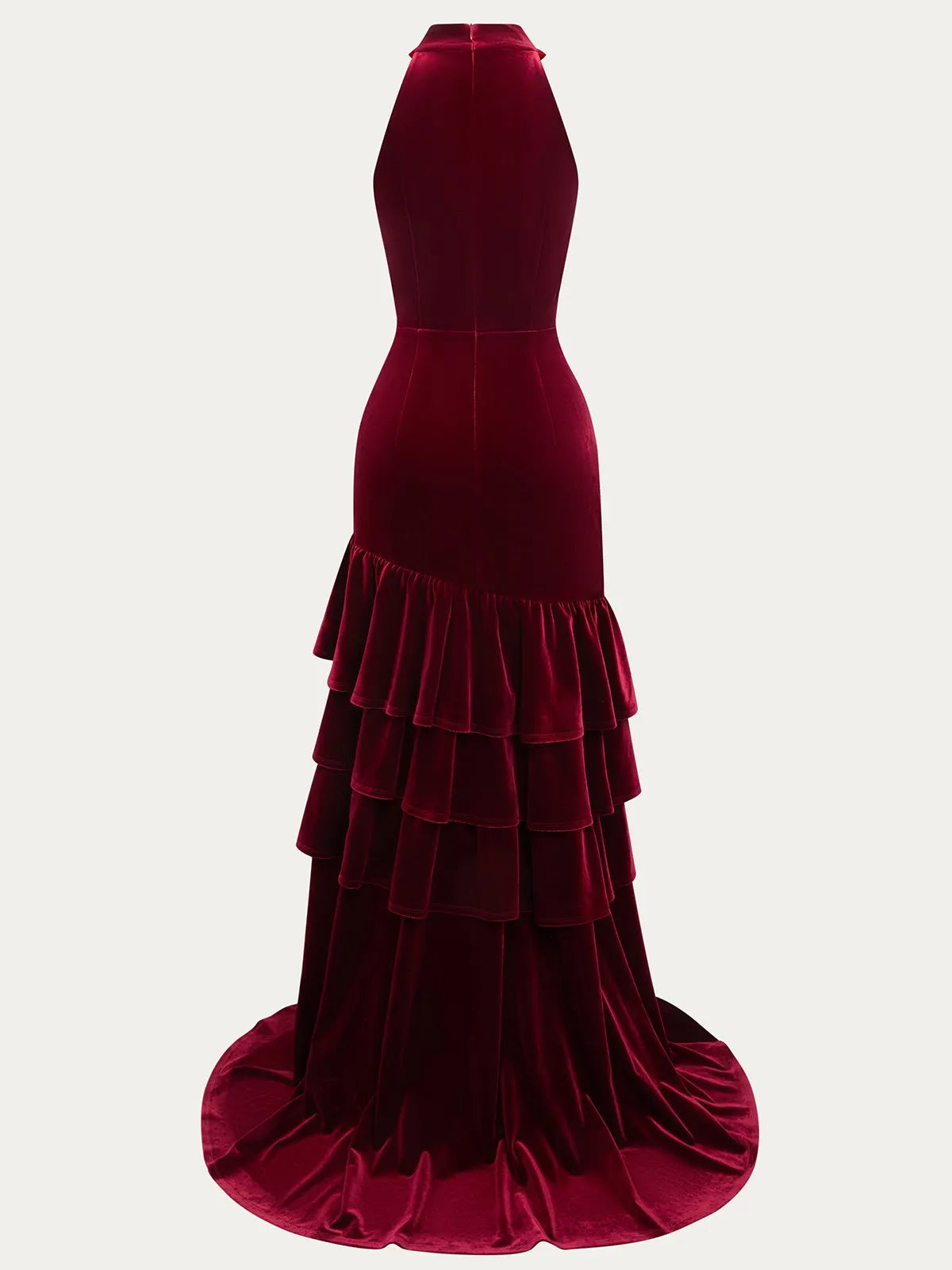 Burgundy Ruched Peplum Velvet Halter Sleeveless A-Line Gown Dress