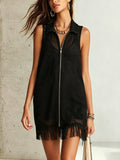 Black Knit Zip-Front Fringe Mini Dress