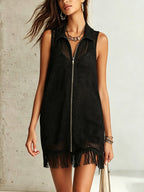 Black Knit Zip-Front Fringe Mini Dress