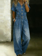 Women's Fashionable V-neck Button-down High-waisted Wide-leg Denim Jumpsuit