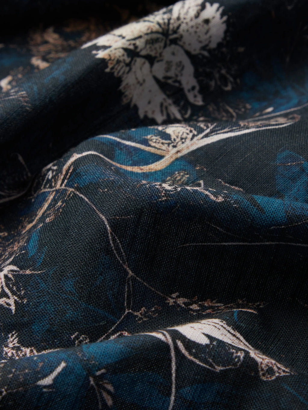 Midi Linen Dress, Long Sleeves, V Neck, Floral, Button Design, Vintage, Deep Blue