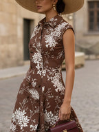 Midi Linen Dress, Sleeveless, Shawl Collar, Floral, Button Design, Vintage, Brown