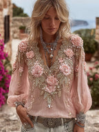 Vintage Pink Roses Embroidered Flowy Linen T Shirt