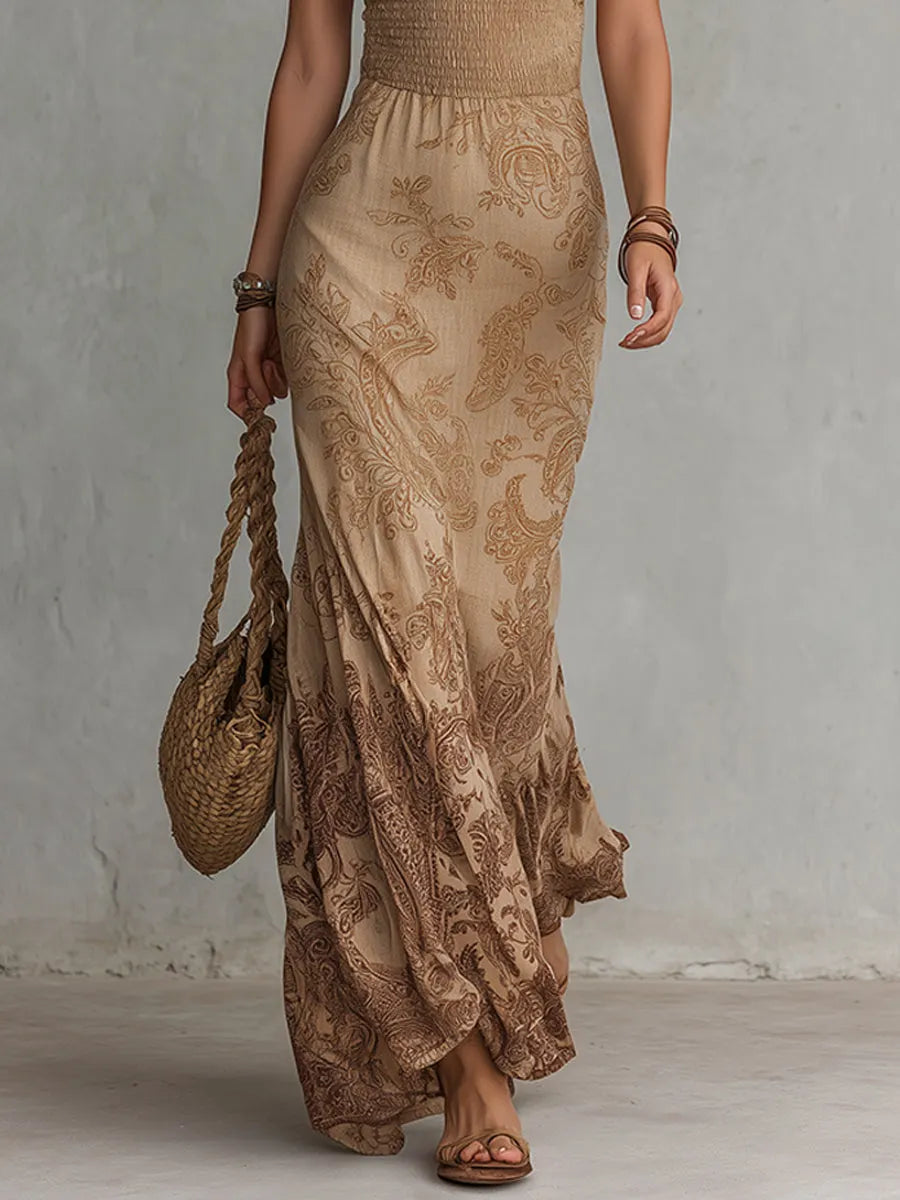 Boho Paisley Ombré Print Shirred-Waist Maxi Dress