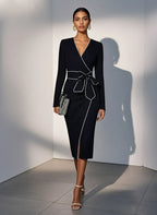 Black Piping Bow Classic V Neck Long Sleeve Sheath Midi Dress