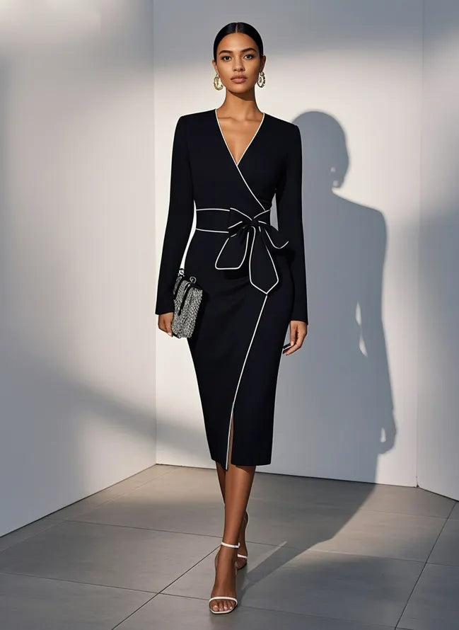 Black Piping Bow Classic V Neck Long Sleeve Sheath Midi Dress