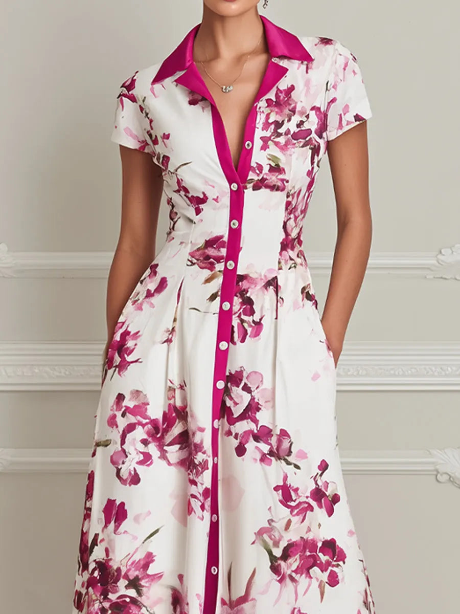 Elegant Floral Shirt Collar Midi Dress