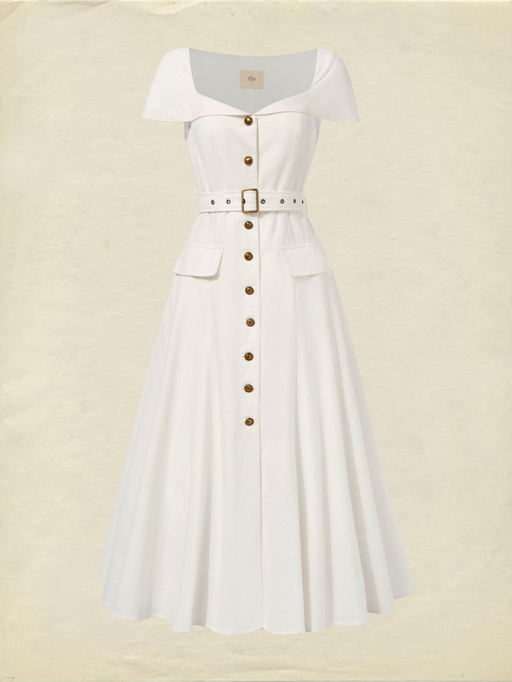 Midi Linen Dress, Short Sleeves, Shawl Collar, Plain, Button Design, French Vintage, White