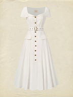 Midi Linen Dress, Short Sleeves, Shawl Collar, Plain, Button Design, French Vintage, White