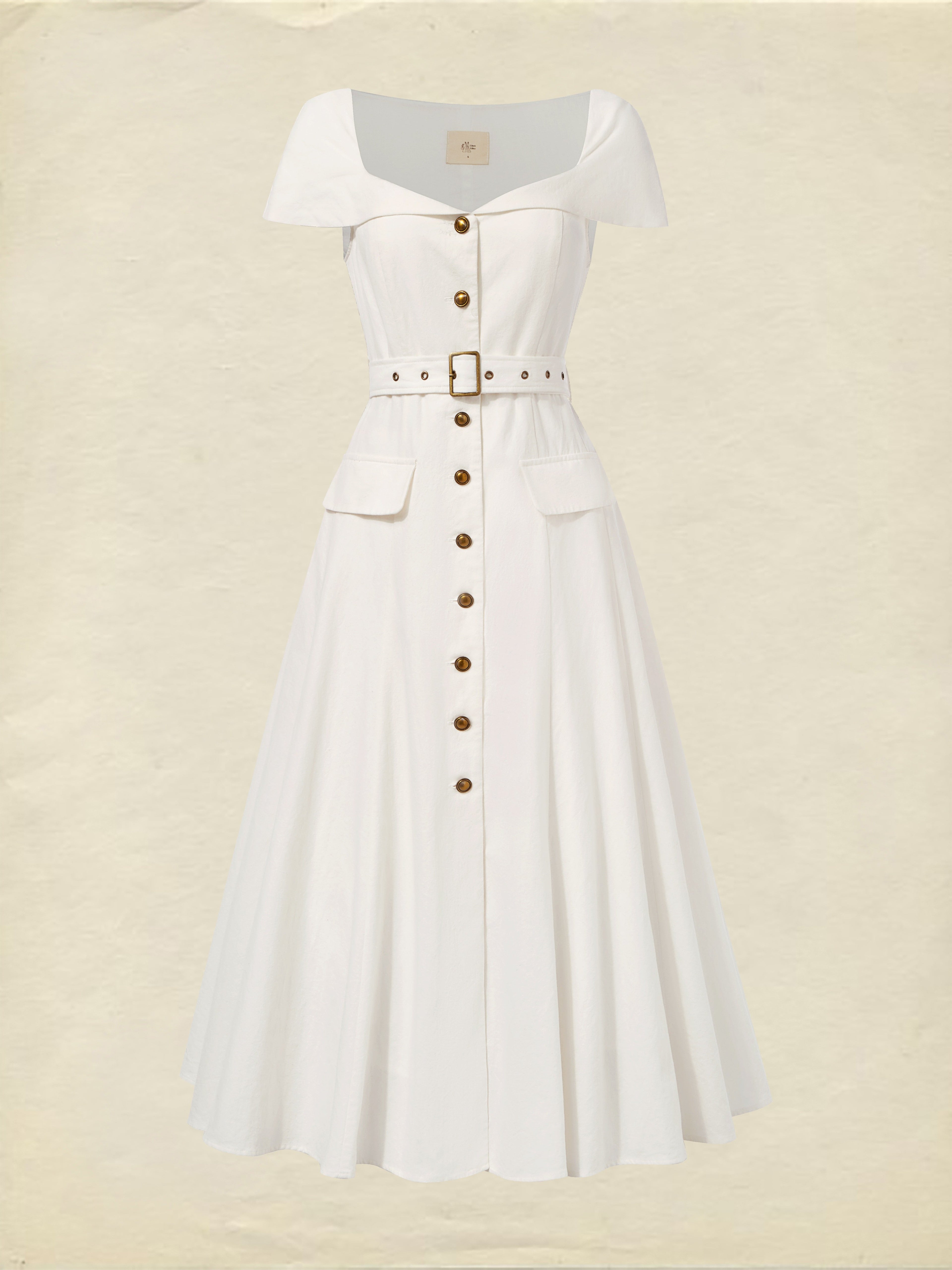 Midi Linen Dress, Short Sleeves, Shawl Collar, Plain, Button Design, French Vintage, White
