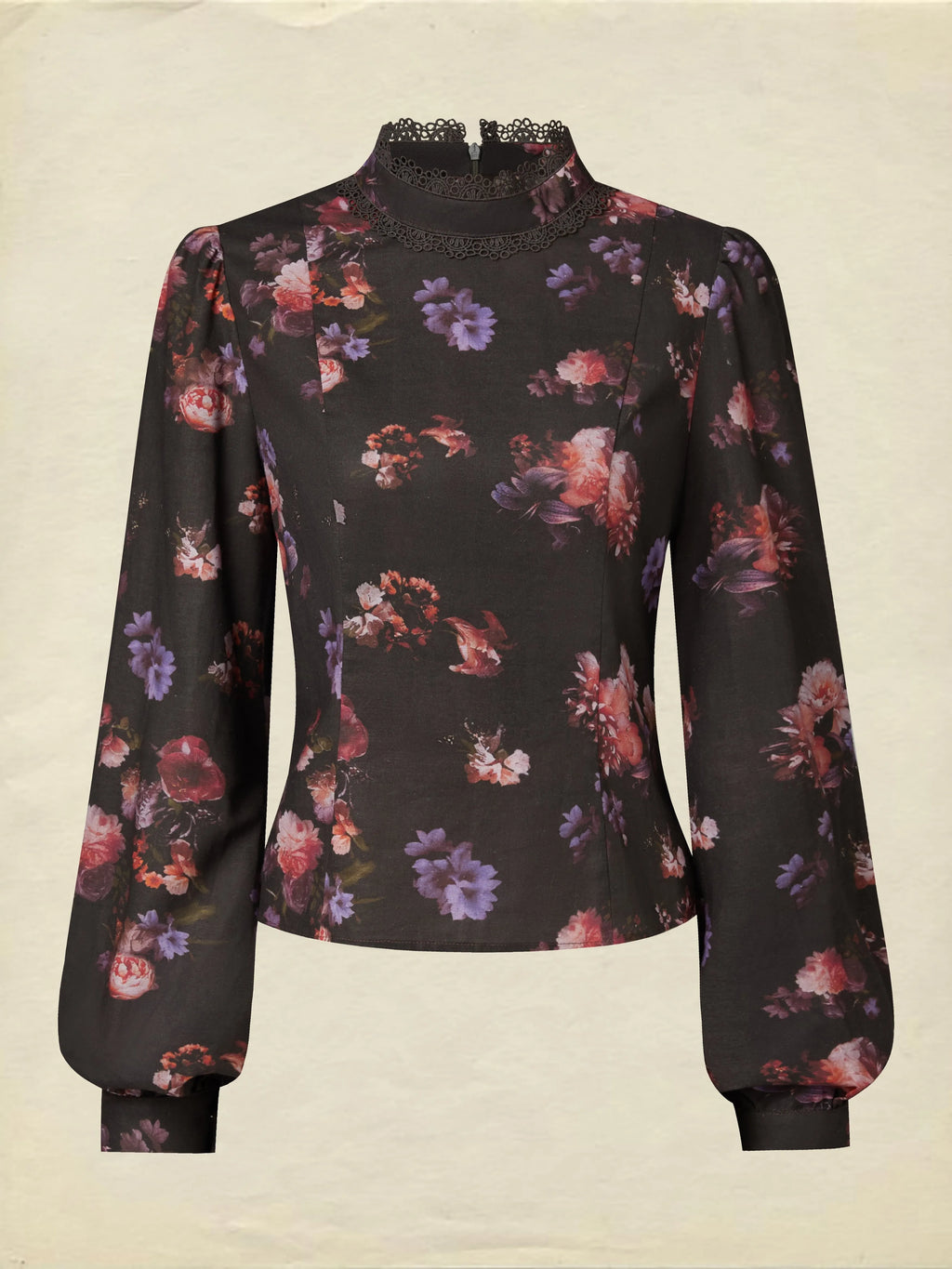 Cotton Blouse, Long Sleeves, Stand Collar, Floral, Lace, Vintage, Black