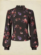 Cotton Blouse, Long Sleeves, Stand Collar, Floral, Lace, Vintage, Black