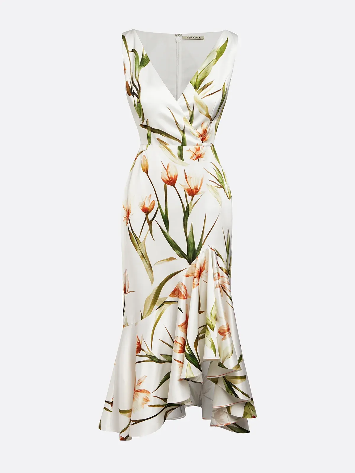 Off White Printing Asymmetric Satin V Neck Sleeveless Mermaid Midi Dress